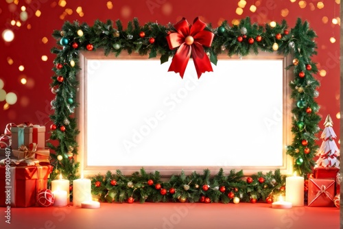 Adventures of a Wreath: A Christmas Wreath Frame Empty White Board Scene with Lights and Presents Background
