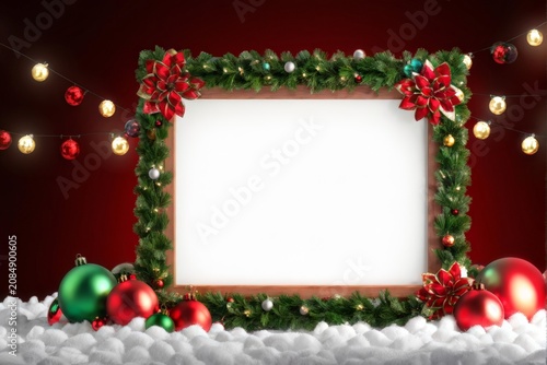 Christmas Decorations: A Frame Set Against Snowy Background Illuminated by Lights