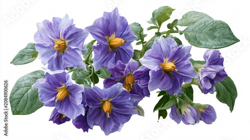 Vibrant Purple Flowers Blooming on White Potato Plant, Solanum Tuberosum