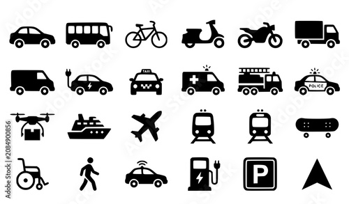 Foto Essential mobility silhouette icon vector set with vehicle transport and urban m