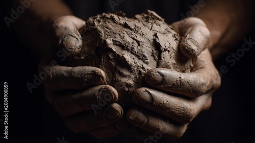 Close up of dirty human hands holding a raw lump of wet clay against a dark and simple background