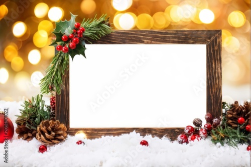 Charming Winter Wreath: A Wooden Frame Adorned with Holly and Pine Cones in the Silent Snowscape