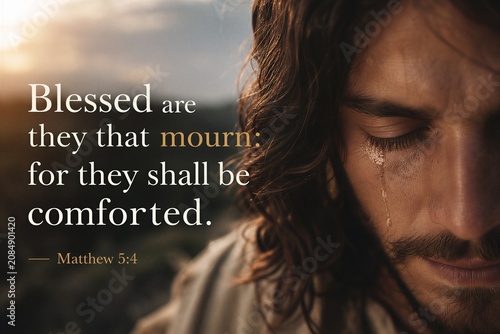 Ancient Scripture Poster Depicting Blessedness for Those Who Mourn and Promise of Comfort from Matthew's Gospel.
