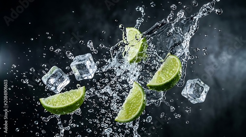 Premium high-speed splash of sparkling mineral water with flying lime wedges and fizzy bubbles