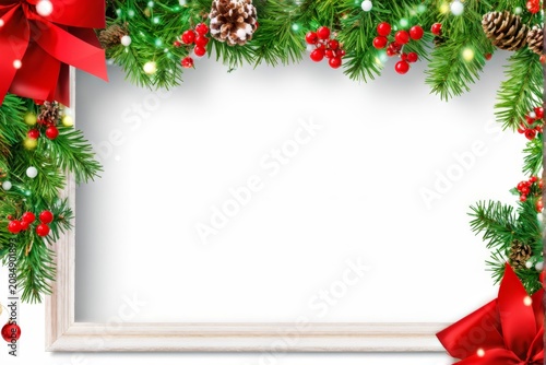 Enchanting Decor: Red Ribbons, Pine Cones, and Lights Adorned Photo Frame