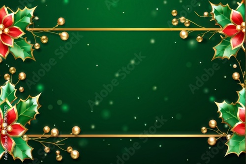 Seasonal Celebration: Green Background Featuring Red Holly Leaves and Flowers, Golden Berries Surrounding Empty Space