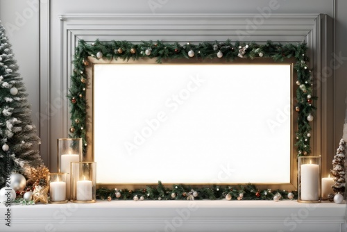 Journey Through the Season: A Majestic Decorated Mantle Featuring Christmas Trees, Ornamented Candles, and Captivating Blank Picture Frame