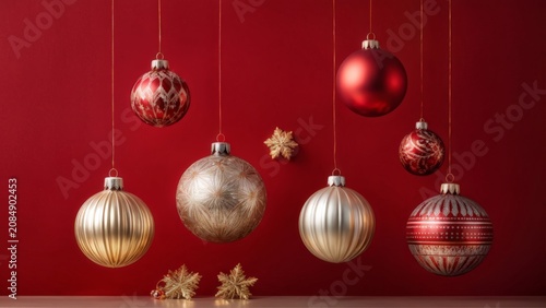 Radiant Red Background: An Ornamented Christmas Decorative Scene Featuring Diverse Colorful Balls