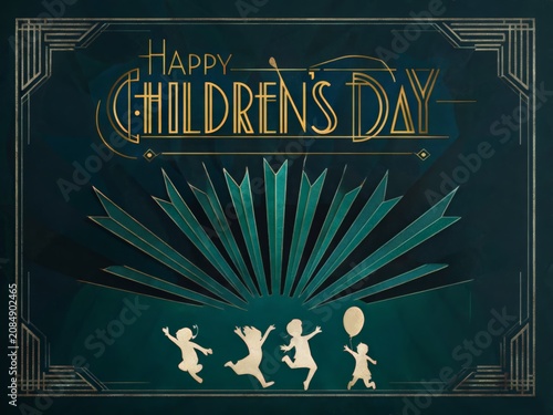 Stylized Children's Day Illustration: Art Deco Motifs Celebrate Joy and Movement on a Dark Blue Background