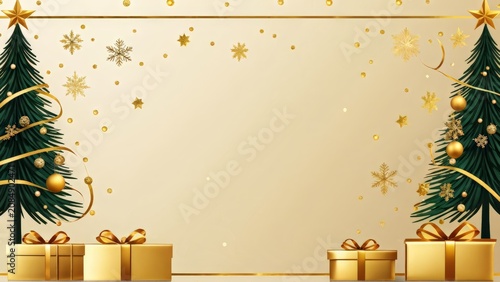 Christmas Decorations: A Beige Background Featuring Two Decorated Trees with Golden Bells, Balls, and Snowflakes Around Them, Alongside Wrapped Gifts Boxes and an Off-White Backdrop