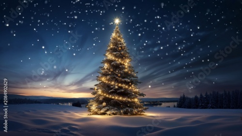 Silent Winter's Glow: A Snowy Landscape Enthralled by Christmas Lights and Dusk/Night