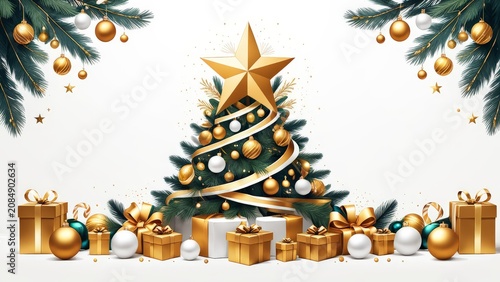 Jeweled Yuletide: A Majestic Golden Tree Sprinkled with Precious Ornaments and Wrapped Treasures Above the Nativity Star