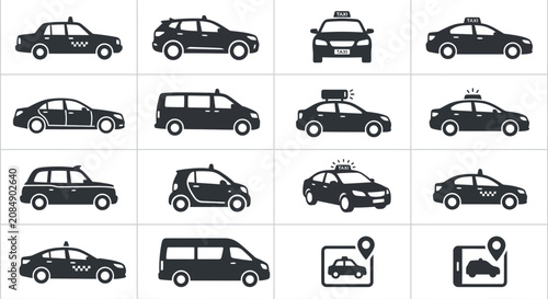 A collection of various cars and vehicles illustrated in a grid layout for transportation and travel purposes with multiple angles.