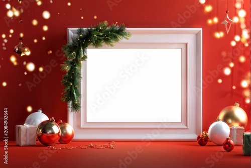 Seasonal Harmony: Framed White Space Against Red Backdrop Enveloped in Festive Decorations