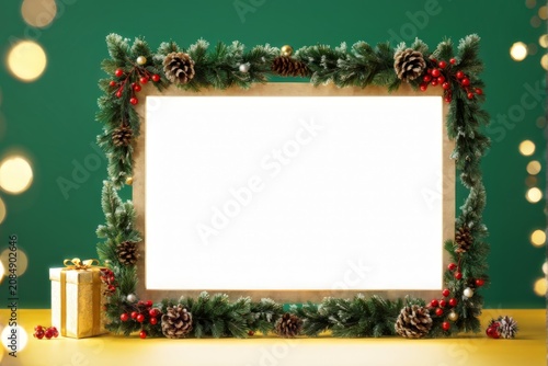 A Sparkling Winter Wonderland Border: Pine Cones, Berries, Lights & Gold-Gift Box at Table Centered in Green Background