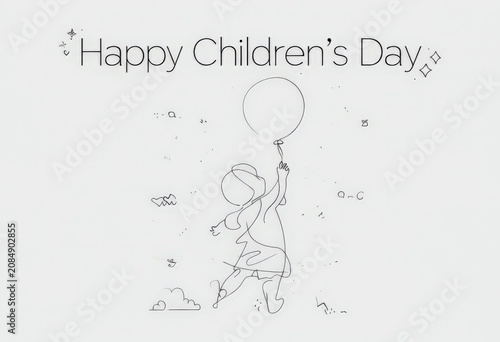 Joyful Celebration: A Playful Grayscale Drawing of Happy Children's Day