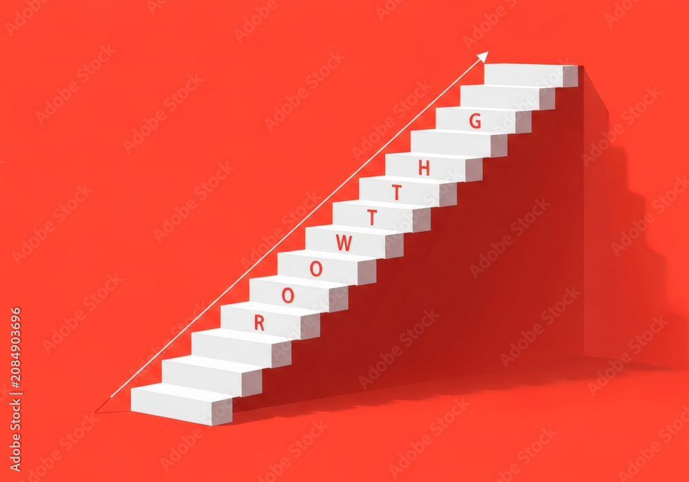 Fototapeta premium White stairway leading upwards against vibrant red wall with rising arrow and creative growth letters conceptualizing professional business success.