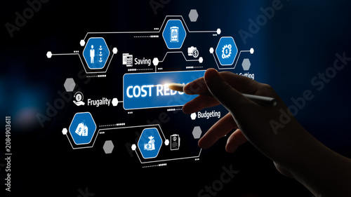 Photography A hand interacts with a digital interface showcasing cost reduction strategies, emphasizing budgeting, saving, and frugality in modern business practices