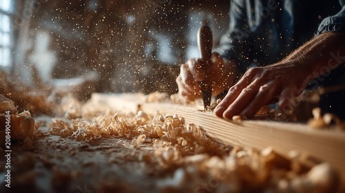 Close up of a carpenter hands using a chisel on wooden planks with flying wood shavings in a workshop