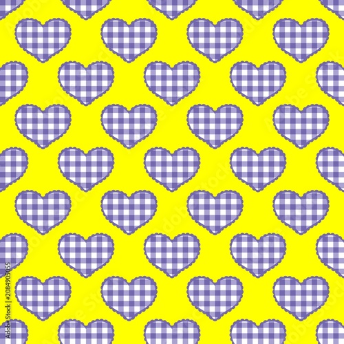 Obraz na plátne Vibrant yellow seamless gingham check pattern filled with purple plaid hearts