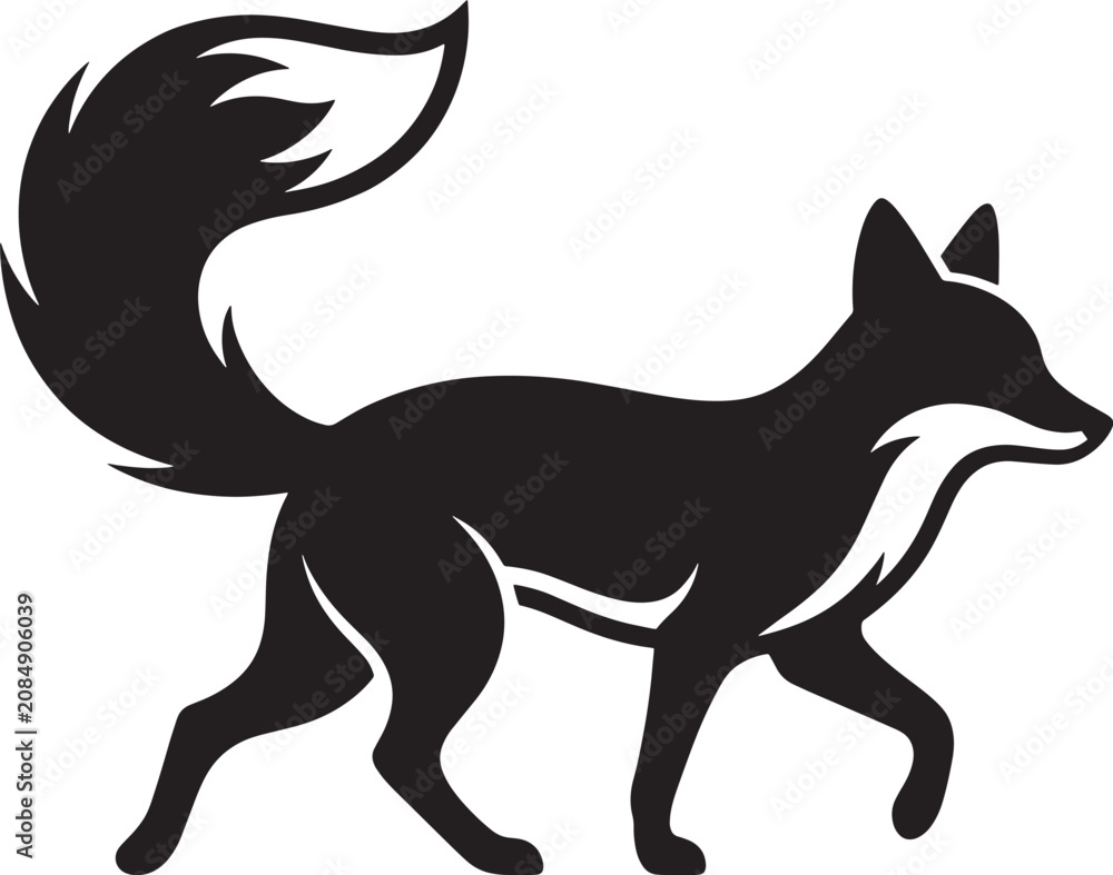Fototapeta premium Black and white illustration of a fox walking with a raised bushy tail, minimal wildlife animal vector graphic.