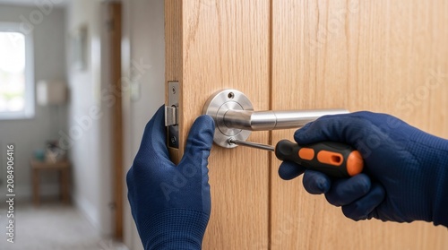 Handyman installing new stainless steel door handle with screwdriver closeup