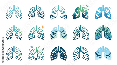 Bild auf Leinwand Collection of stylized human lungs icons with varying designs and colors