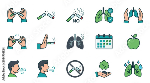 Obraz na plátne Set of icons representing smoking cessation and lung health awareness