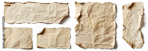 Collection of old crumpled paper scraps. Vintage textured parchment pieces isolated on white