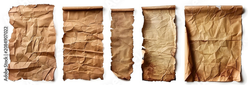 Set of vintage crumpled paper scrolls. Aged parchment texture pieces isolated on white