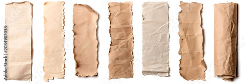 Collection of vertical old paper strips with torn edges. Vintage aged parchment textures on white background. Crumpled and weathered paper scraps for design