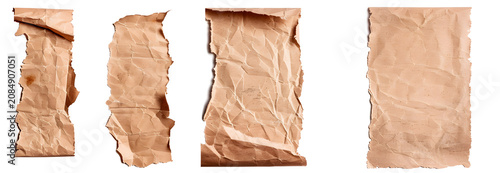 Four vertical sheets of heavily crumpled and torn old paper. Vintage aged parchment textures with stains. Distressed and weathered paper backgrounds