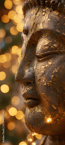Vertical close up profile of a Buddha statue face with gold leaf texture. Spiritual background with warm golden bokeh lights