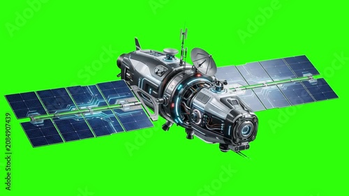 A high-tech space satellite with solar panels, isolated on a vibrant green screen background. This graphic is ideal for sci-fi projects, space exploration themes, and technology-focused digital media.