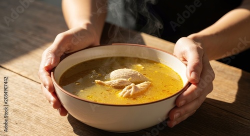 Hands cradle a bowl of hot, steaming soup with a chicken piece on a rustic wooden table