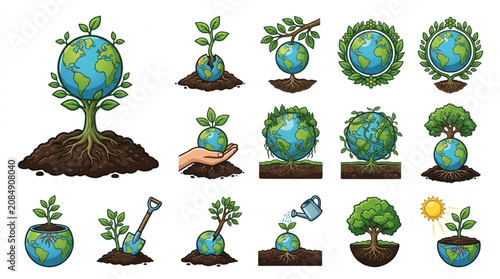 Bild auf Leinwand Collection of Earth planet growing as trees and plants with roots and leaves