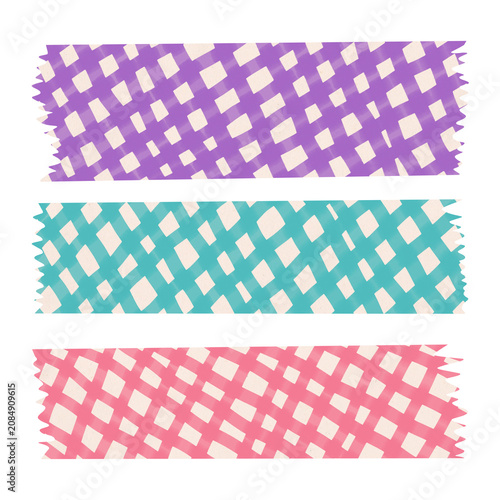 Hand-drawn watercolor washi tape set with purple, teal, and pink gingham patterns. Decorative collage scrapbook masking ribbons for zine and DIY projects. Isolated PNG on transparent background.