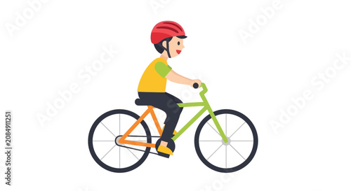 Slika na platnu A boy rides a green bicycle down a city street quickly