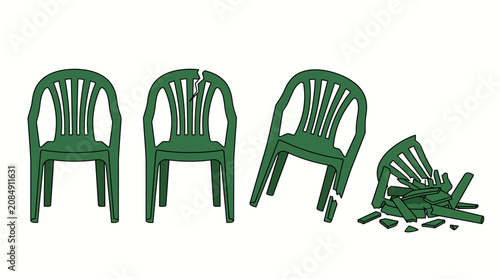 Progression of a green plastic chair from intact to shattered illustrating wear and tear over time