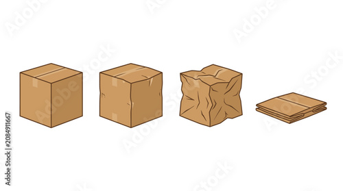 Transformation sequence from intact cardboard box to flattened shipping material representing
