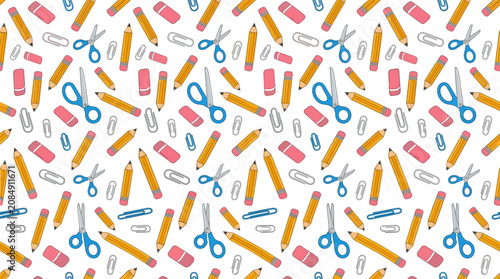 Seamless pattern of cute hand-drawn pencils scissors and erasers on a white background