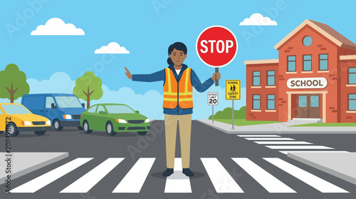 School Crossing Guard Directing Traffic Outside School Building with Stop Sign