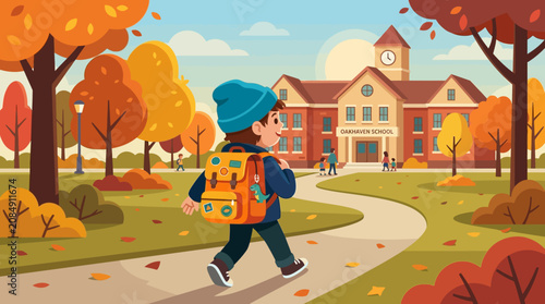 Young student with backpack walks towards school building amidst autumn foliage on a sunny day