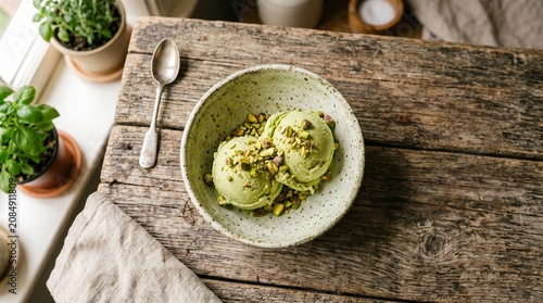 Artisanal pistachio ice cream scoops with crushed nuts in a rustic ceramic bowl on weathered wood. Natural lighting, gourmet dessert presentation for Ice Cream Day.