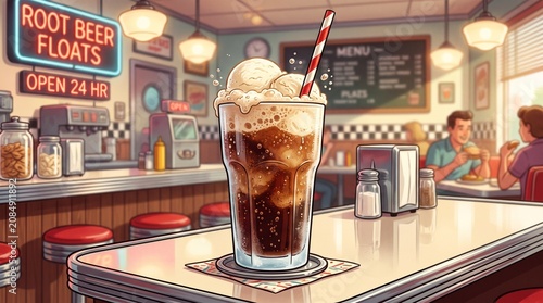 Root beer float with vanilla ice cream in a nostalgic 1950s diner, neon signs, vintage Americana style, refreshing summer dessert for Ice Cream Day celebrations.