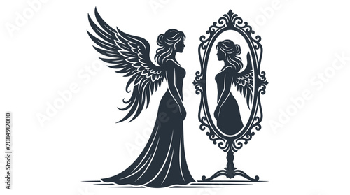 Canvastavla Angel Woman Silhouette Looking In Ornate Mirror Reflection