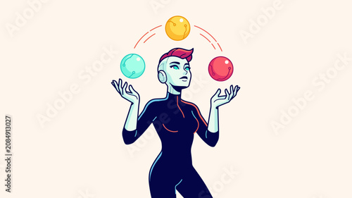 Futuristic female android balancing colorful glowing spheres in a conceptual illustration representing multitasking and harmony in a high tech digital environment