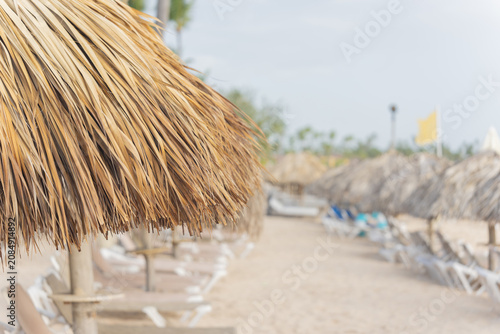 Tableau sur toile Thatch roof on beach hut at holiday resort