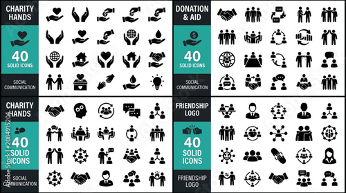 Minimalist flat vector icon set featuring human hands in gestures of charity, altruism, and communal support, symbolizing global aid, volunteering, donation, and peaceful social friendship.
