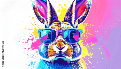 Colorful pop art rabbit wearing blue sunglasses with paint splatters
